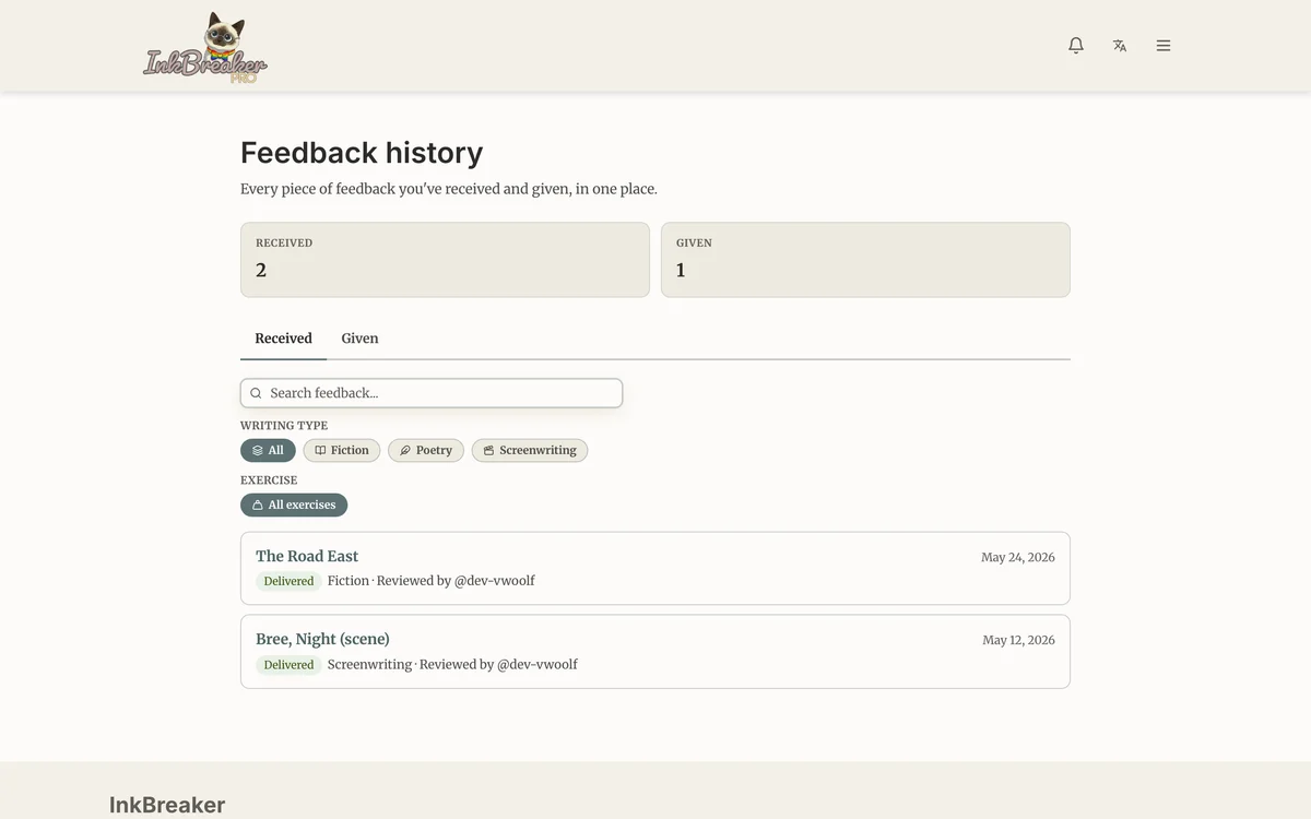 Feedback history showing reads received and given