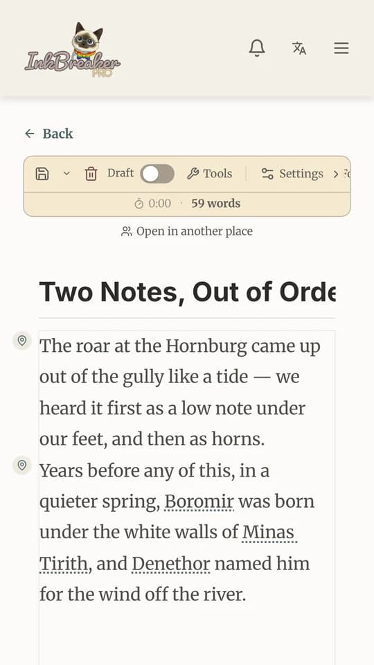 The Inkbreaker editor on a phone-sized screen