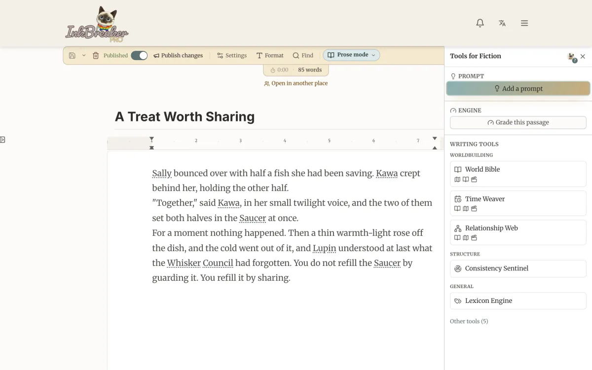 The World Bible open inside the editor with a character selected